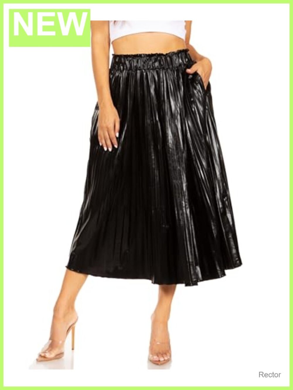 Faux Leather Pleated Midi Skirt High Waisted Pockets